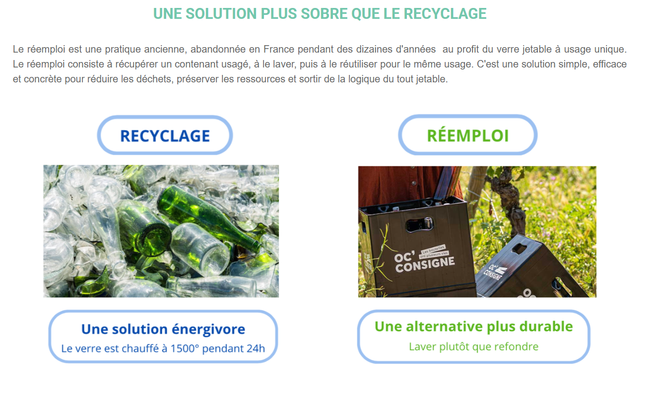 Infographie mettant en regard le bilan environnemental du recyclage et celui du réemploi
